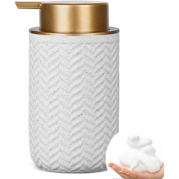 ABCISI Foaming Dispenser with Unique Line Pattern Design, Ceramic Foam Soap Dispenser with Gold Soap for Kitchen Bathroom, 12 Oz Refillable Soap Dispenser for Hand Wash, Sanitizer, Shower Gel (Beige)