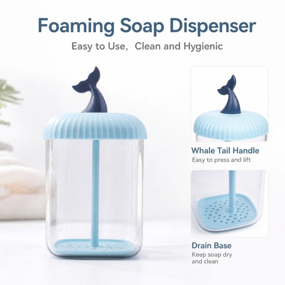 Foaming Dispenser Pump with Whale Tail Handle and Drain Base, Blue, for Bathroom and Kitchen