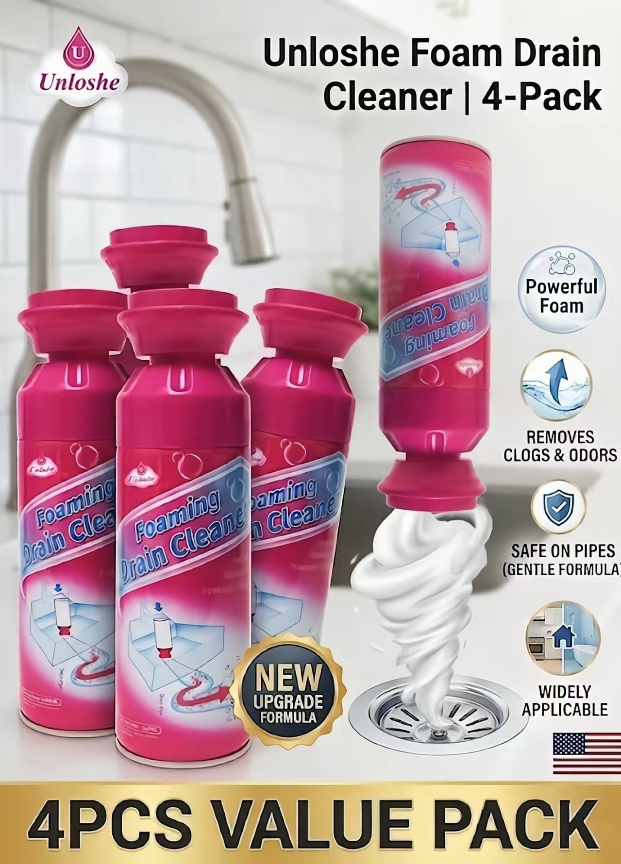 Foaming Drain Cleaner and Deodorizer 4PCS Family Pack for Shower, Sink ...
