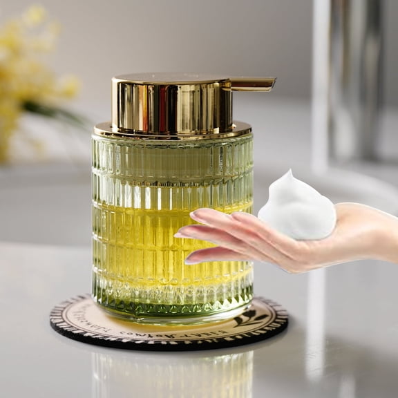 Sofinny Glass Foaming Hand Soap Dispenser for Kitchen & Bathroom, Refillable Lotion Dispenser with Large Gold Pump(Striped Pattern-Green)