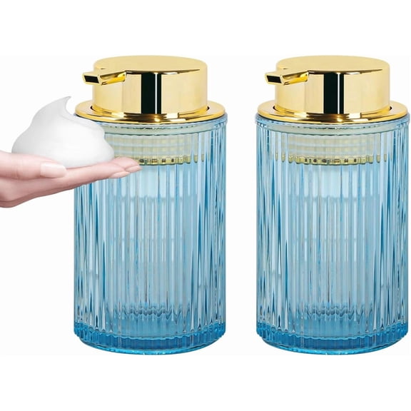 Foaming Soap Dispenser 12 Oz Blue Gold Glass Refillable Slim Ribbed Pump Bottle for Bathroom and Kitchen