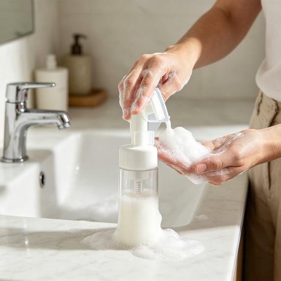 Foaming Soap Dispenser Pump Bottle with Brush Head, Clear Plastic Travel Size Cleanser Container, Bathroom Kitchen Sink Hand Soap Dispenser, 1.81" x 7.09", KTFgvq