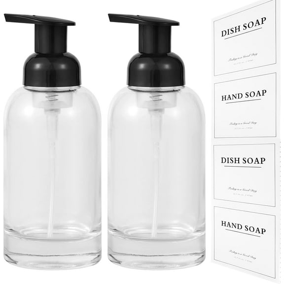 Foaming Soap Dispenser Thick Glass Foam for Bathroom or Kitchen Sink, 12.7 oz Clear Pump Bottles for Hand soap, Body Wash, Black 2 Pack