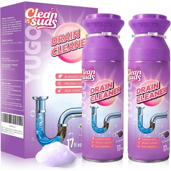 Foaming pipe cleaner and deodorizer, kitchen sink, bathroom, shower, and bathtub drain openings (Lavender, 2 pack)