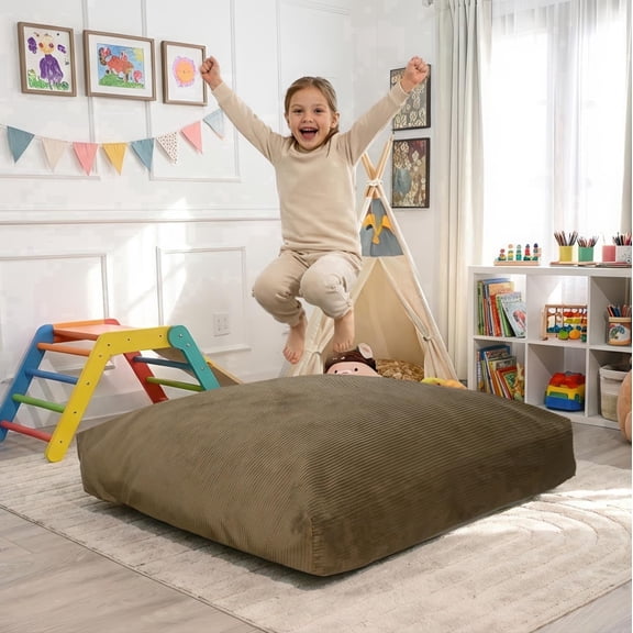 Foamma Crash Pad (60’’ X 60’) (5 Ft X 5 Ft) Light Brown – Sensory Crash Pad with Foam Blocks for Autistic Kids, Soft Corduroy Fabric & Washable Cover – Ideal for Kids & Adults to Jump, Play, or Relax