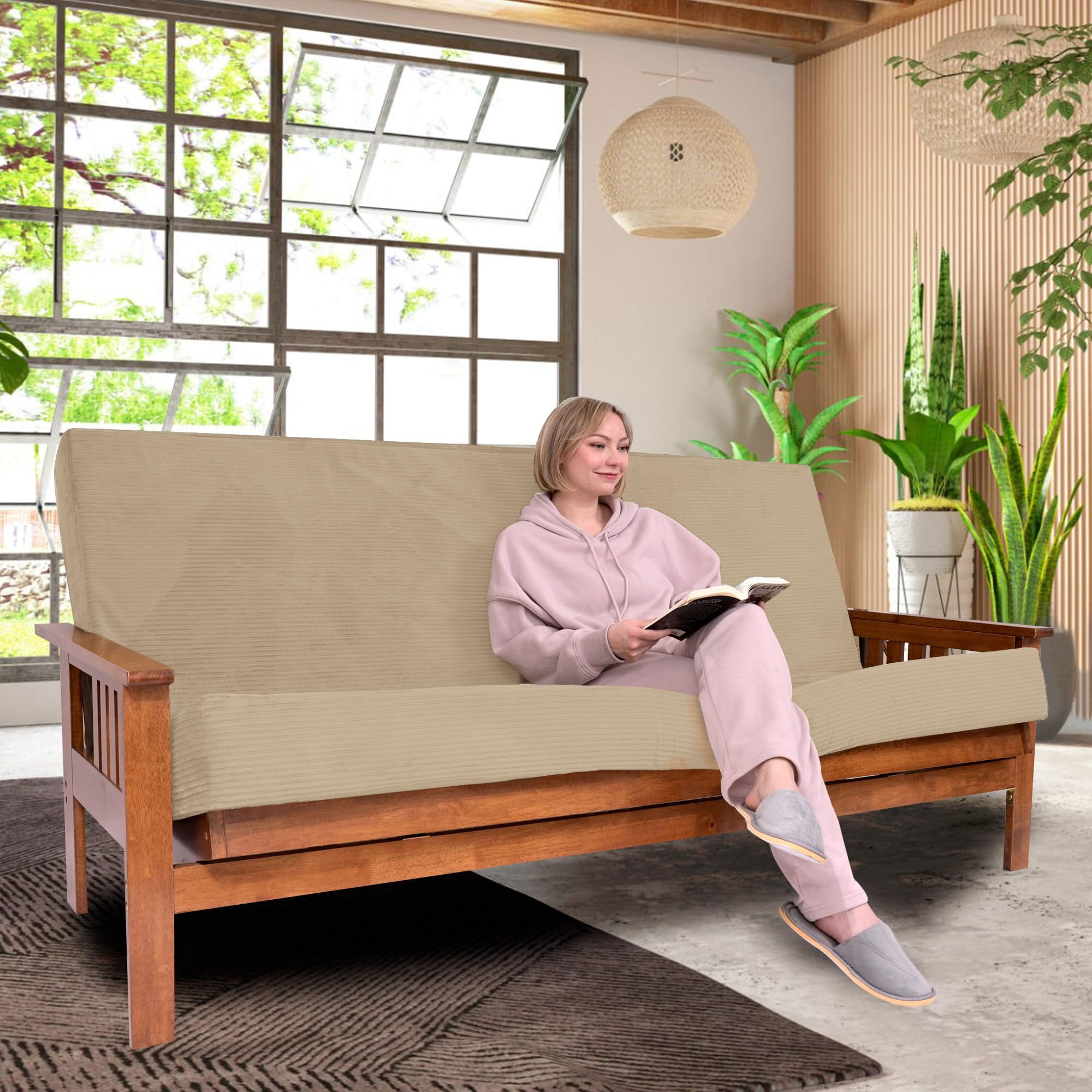 Foamma Memory Foam Futon Mattress, Double-Sided Foldout Couch Futon Mattress - 6x52x71 (Beige) - Comfortable and Heavy Duty Sofa Bed, Thick Corded Cushion for All (Frame NOT Included)