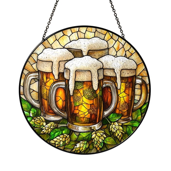 Foamy Beer Mug Stained Glass Style Suncatcher Window Hanging, Beer Glass and Hop Leaves Decorative Glass Panel Art, Rustic Bar Kitchen Window Decor, Beverage Theme Sun Catcher Ornament for Home