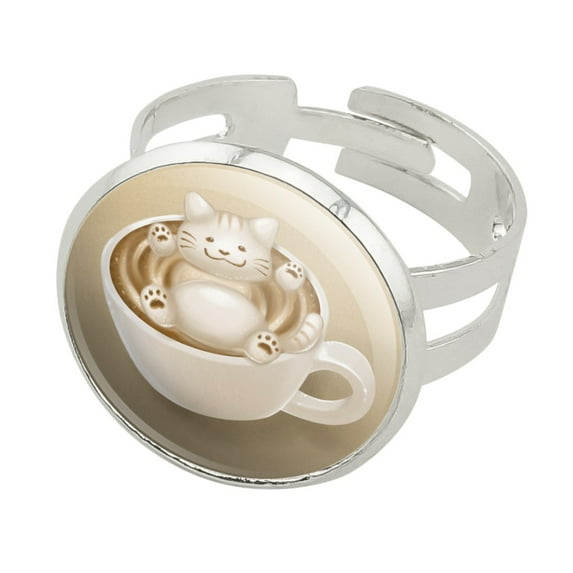 Foamy Cat Latte Art Silver Plated Adjustable Novelty Ring
