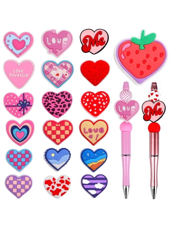 Focal Beads for Pens, 19pcs Colorful Heart Shape Soft Rubber Loose Bead Mothers Day Gift for Crafts Beadable Pen Keychains Lanyards Bracelets Home Decoration