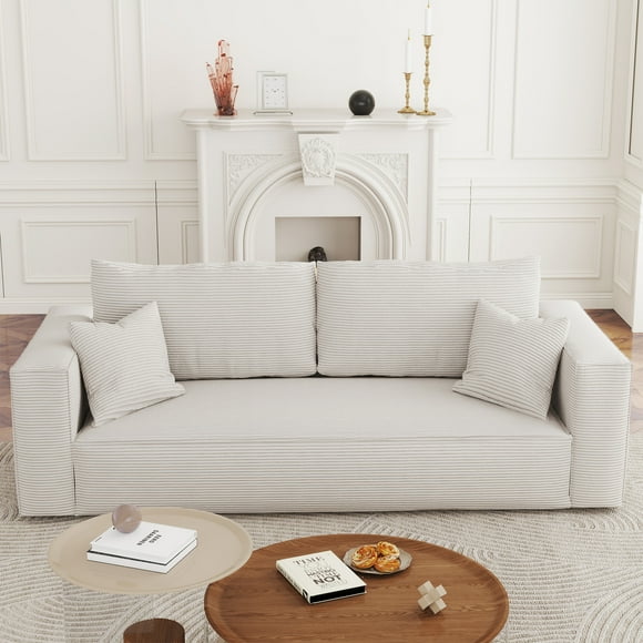 FocalSweet 89" Living Room Sleep Sofa, Deep Seat Corduroy Couch with Side Pocket,No Assembly Required, 3 Seater, White