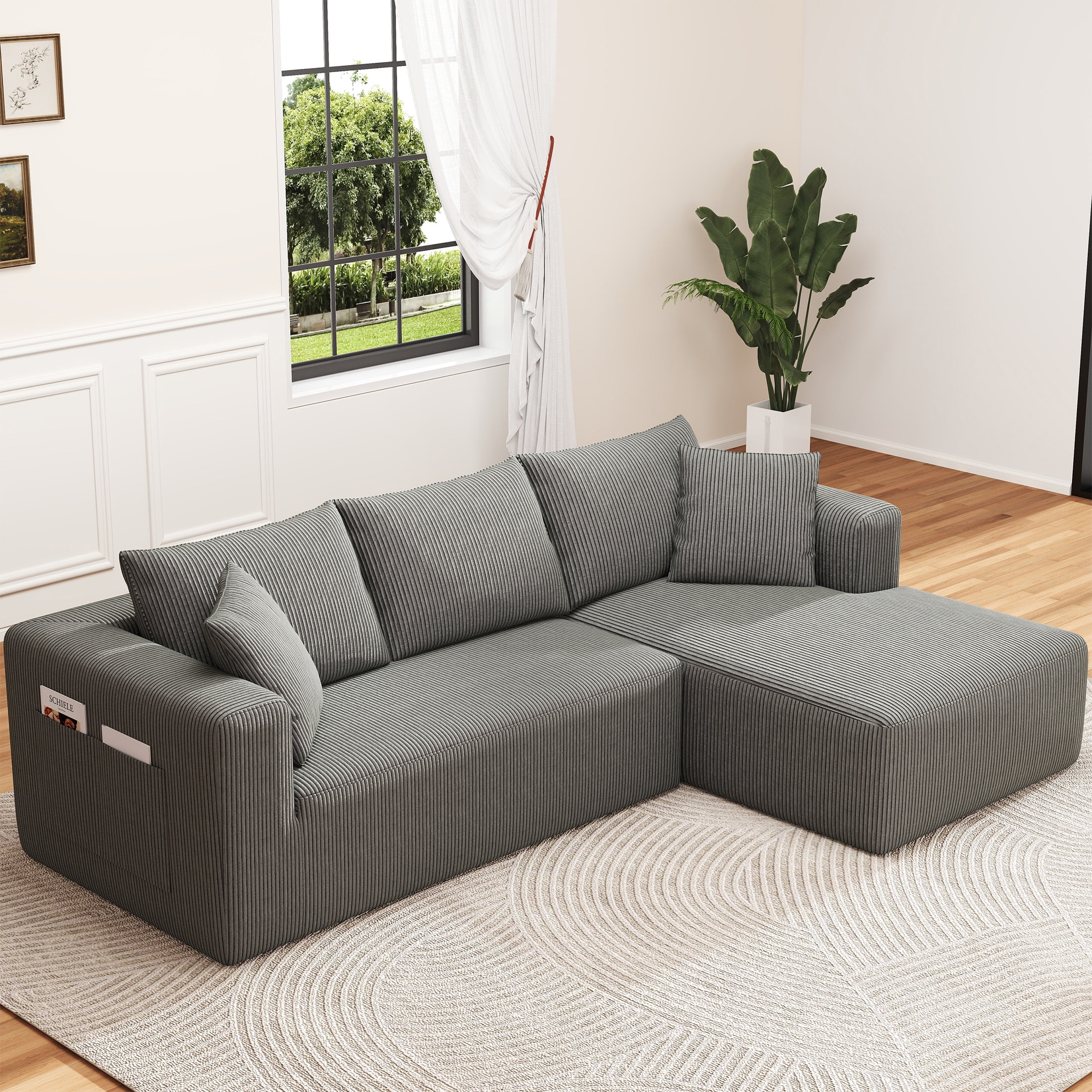 Focalsweet 107" L-Shaped Sofa Couch, Modular Sectional Living Room Sofa Set, Corduroy, No Assembly, Gray