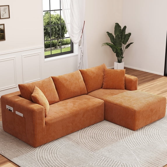 Focalsweet 107" L-Shaped Sofa Couch, Modular Sectional Living Room Sofa Set, Corduroy, No Assembly, Orange