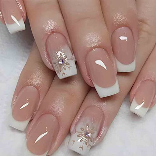 Foccna Nude Fake Nails Tips Square French Press on Nails Rhinestone Women's White False Nails Medium Length Glossy Daily Wear Artificail Nails for Nail Art Manicure Decoration 24pcs
