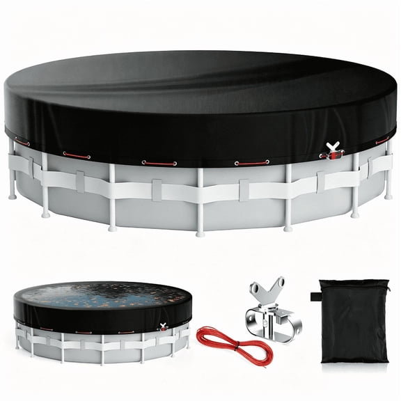 Foceurcover 15Ft Round Pool Covers 420D Heavy Duty For Above Ground Pools, Solar Pool Cover Windproof Winch and Cable System, Weatherproof Hard Pool Covers UV Protection with Straps