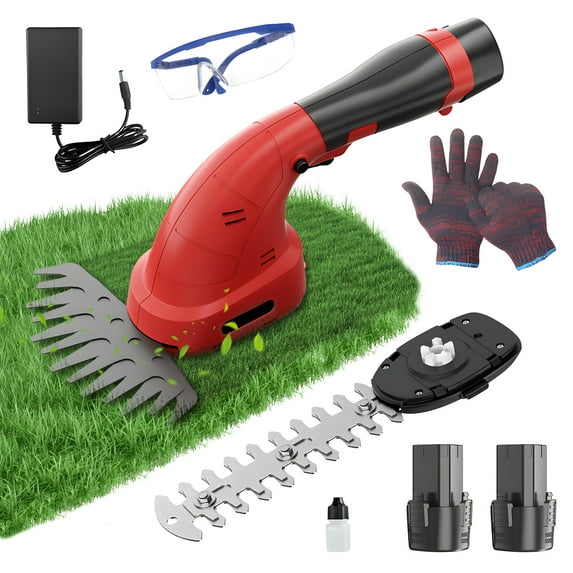 Focily 2 in 1 Hedge Trimmer Cordless with Toolkits, Electric Grass Trimmer Hedge Shears/Grass Cutter, 12V 2PC 2000aMh Rechargeable Battery Handheld Bush Trimmer for Garden, Lawn, Yard (Red)