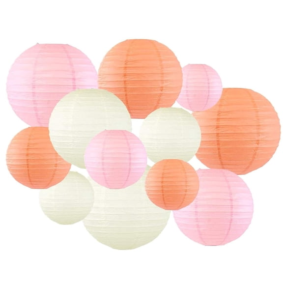 Foclover 12PCS Peach Pink Ivory Hanging Round Chinese Paper Lanterns Decorative, for Decorations Thanksgiving Party Fall Harvest Birthday Wedding Bridal Shower Home Decor Party A101