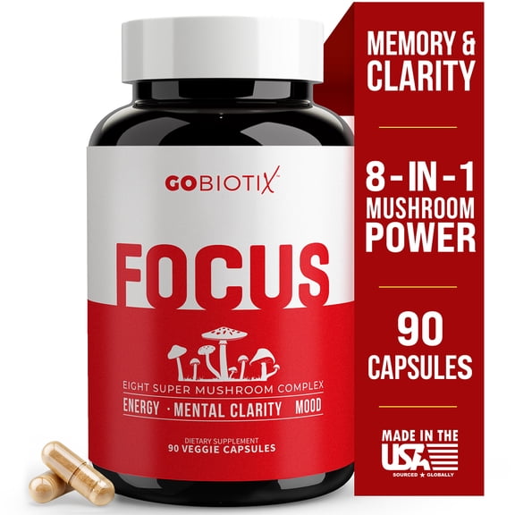 GoBiotix Focus 8 Mushroom Supplement Complex with Lion’s Mane & Reishi for Memory & Immune Support, 90 Ct
