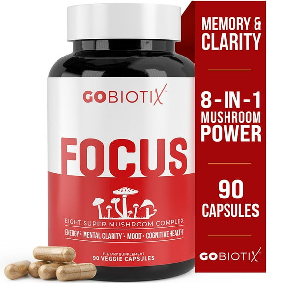 GoBiotix Focus 8 Mushroom Supplement Complex with Lions Mane & Reishi for Memory & Immune Support, 90 Ct