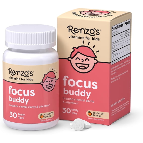 Renzo’s Kids Focus Buddy Tablets with Vitamin B12, Brain Health Supplements for Attention and Focus Support, Orange Flavor, 30 Count
