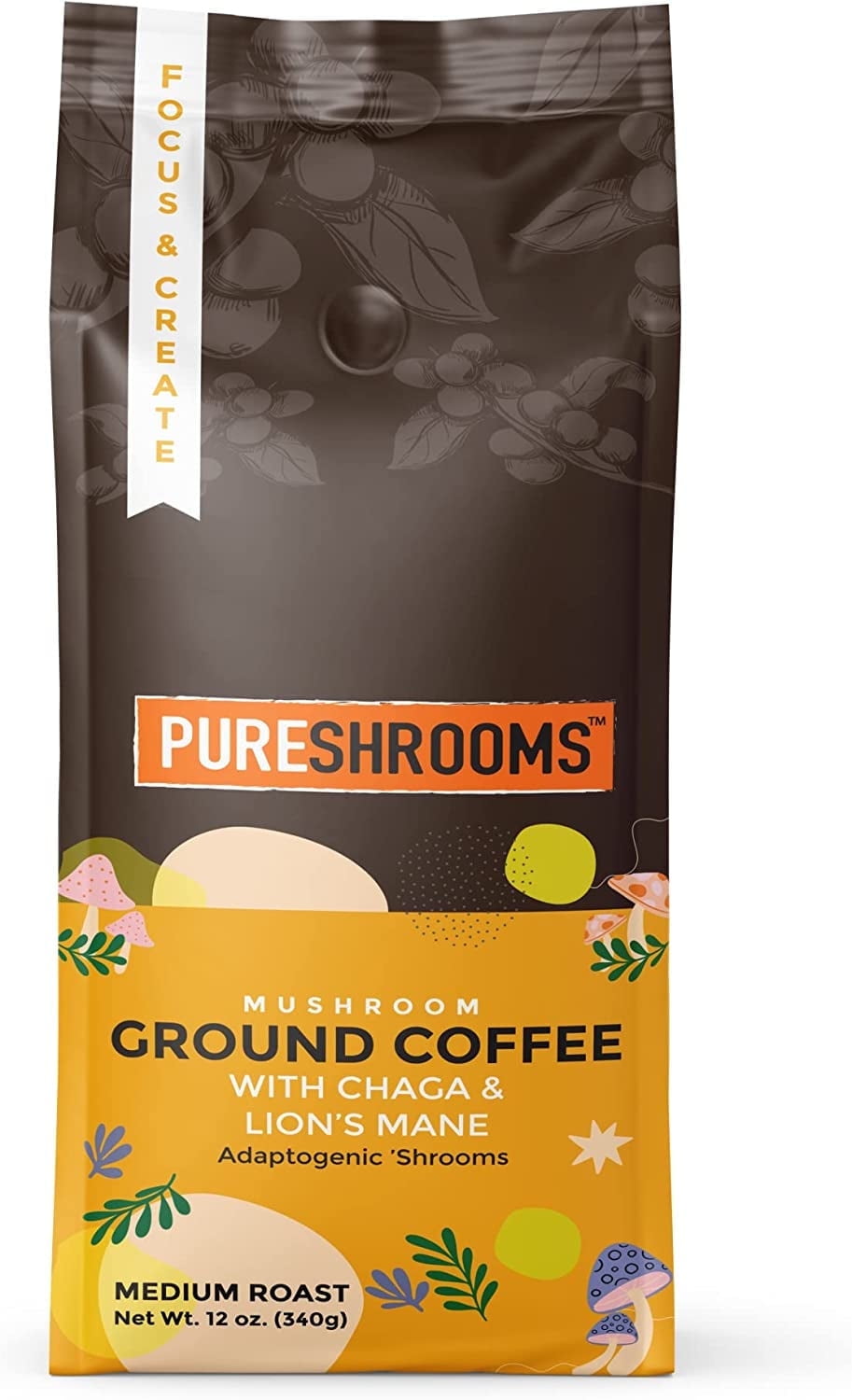 Focus & Create Mushroom Ground Coffee with Lion's Mane, Chaga -Brain & Digestive Support, Nootropic, Medium Roast (340g/12oz)