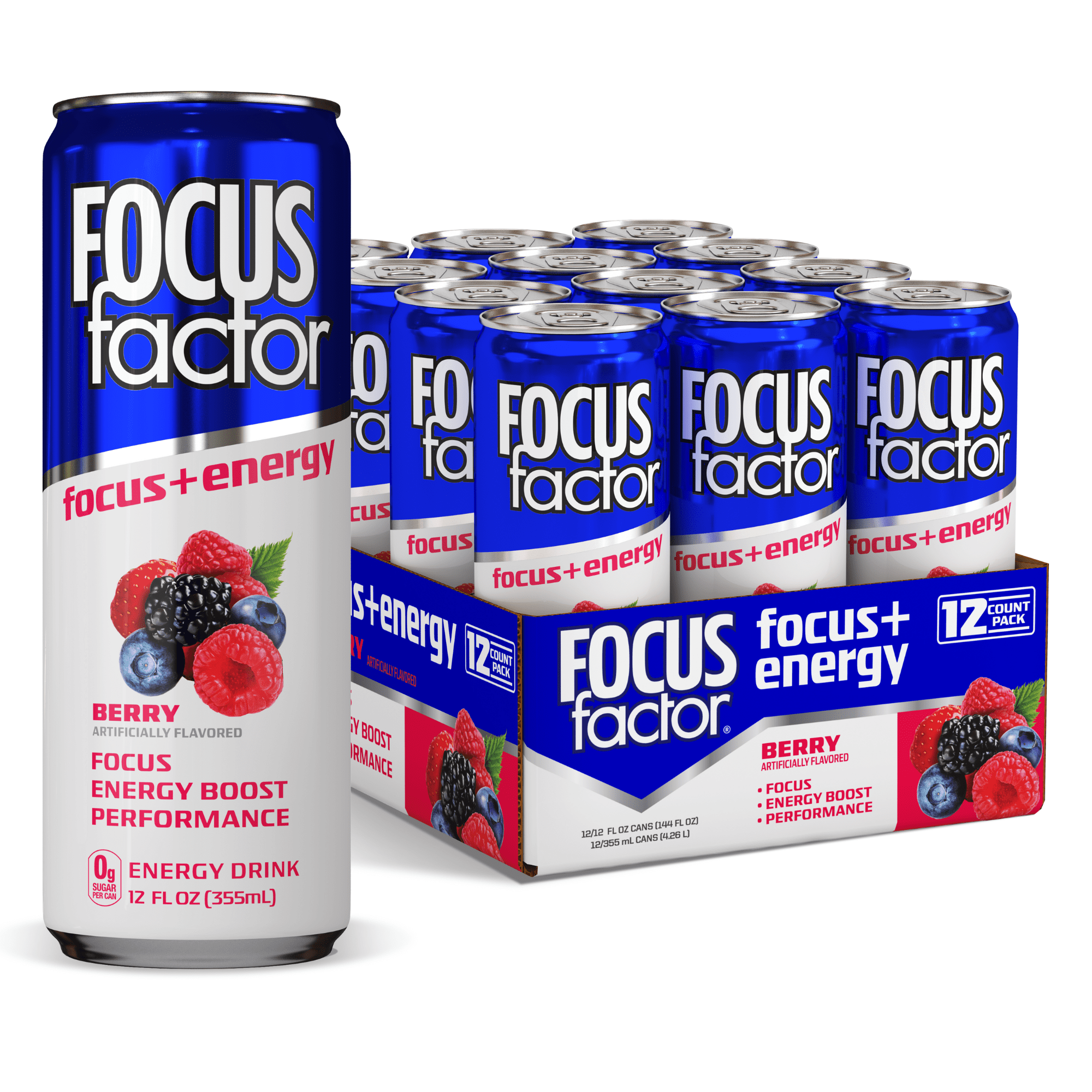 Focus Factor Energy Drink - 12 x 355ml Cans (Berry Flavor) - with Focus + Energy - Sugar Free, Low Calorie with Vitamin B6 & Vitamin B12