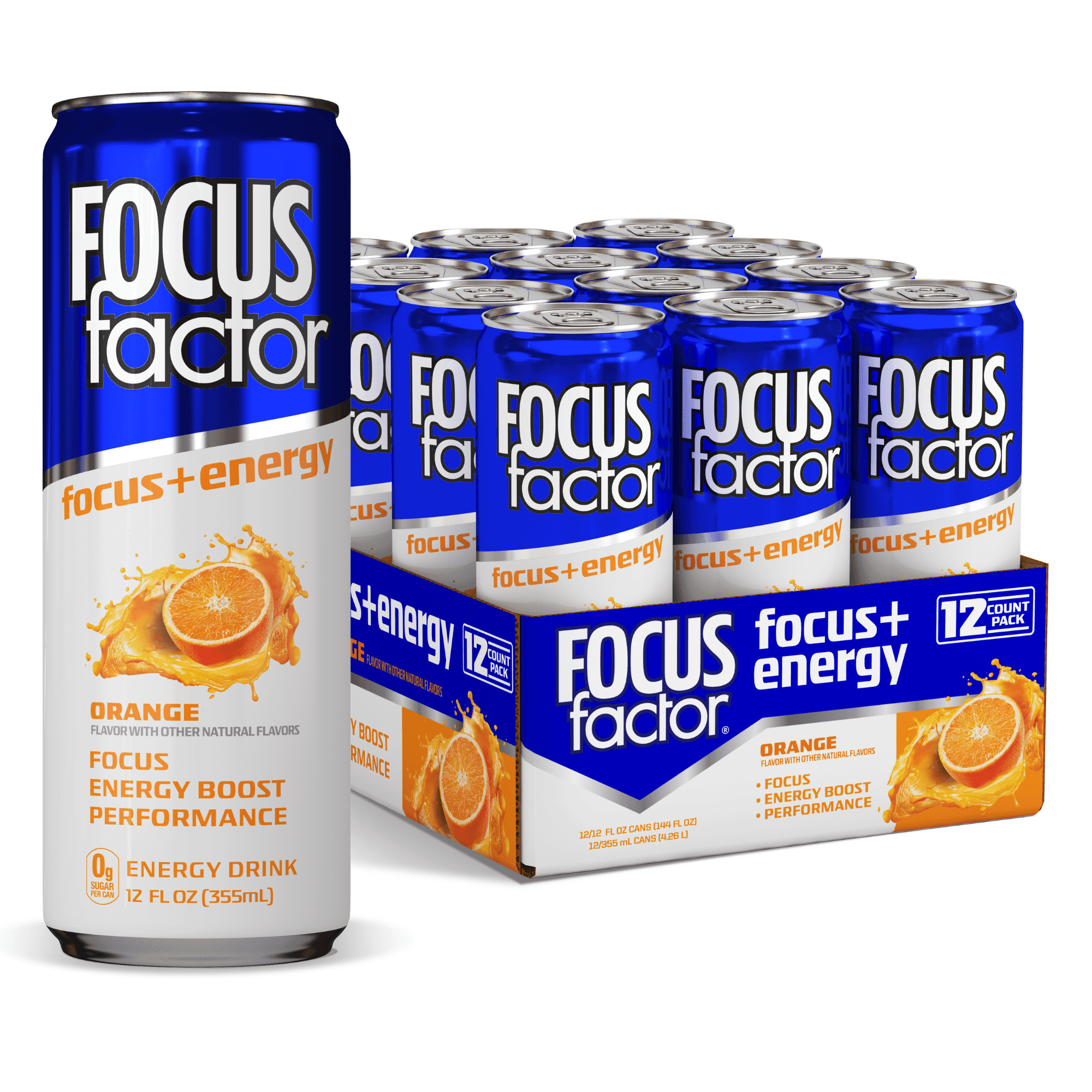 Focus Factor Energy Drink - 12 x 355ml Cans (Orange Flavor) - with Focus + Energy - Sugar Free, Low Calorie with Vitamin B6 & Vitamin B12