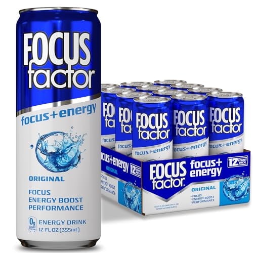 Focus Factor Energy Drink - 12 x 355ml Cans (Original Flavor) - with Focus + Energy - Lightly Carbonated, Sugar Free, Low Calorie with Vitamin B6 & Vitamin B12