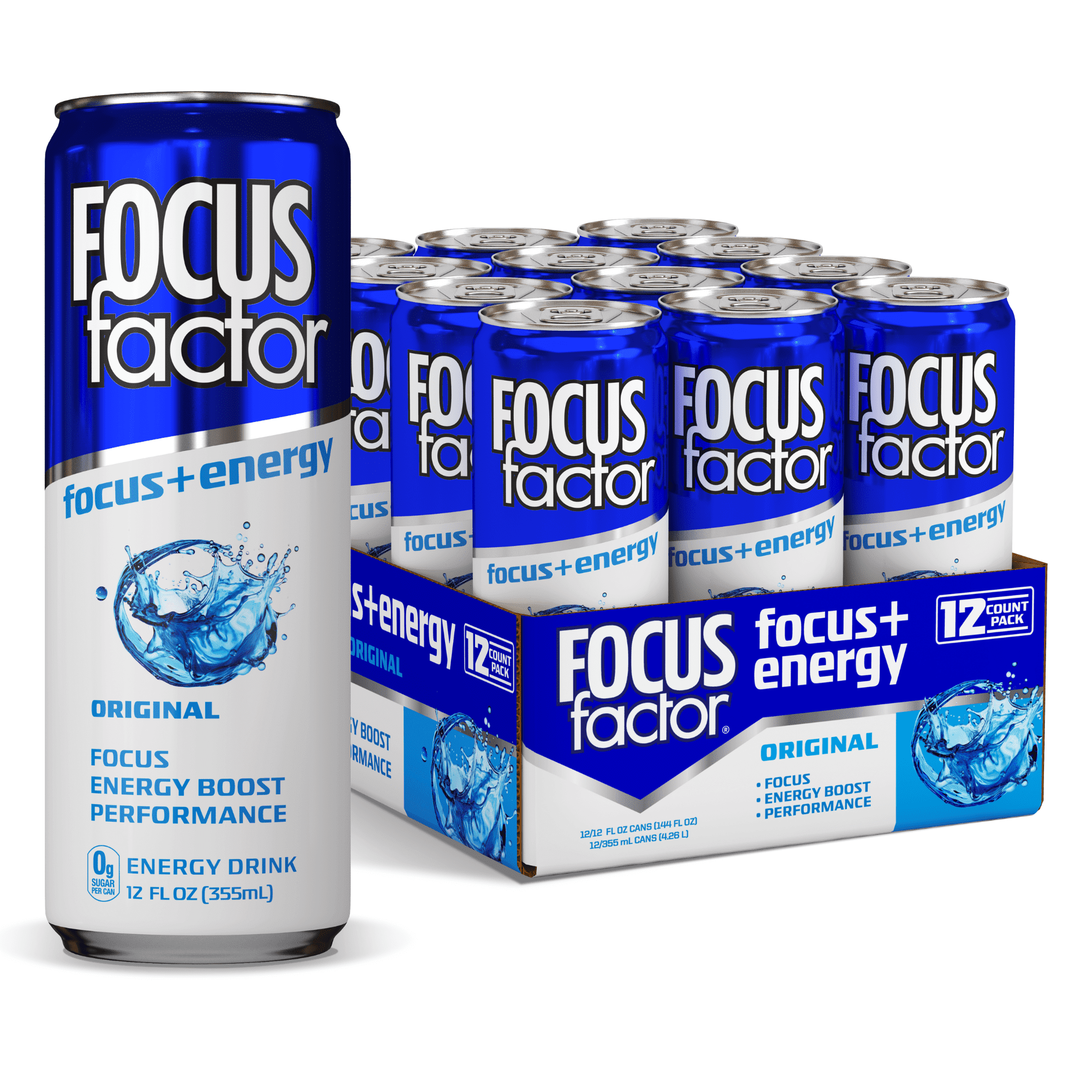 Focus Factor Energy Drink - 12 x 355ml Cans (Original Flavor) - with Focus + Energy - Sugar Free, Low Calorie with Vitamin B6 & Vitamin B12
