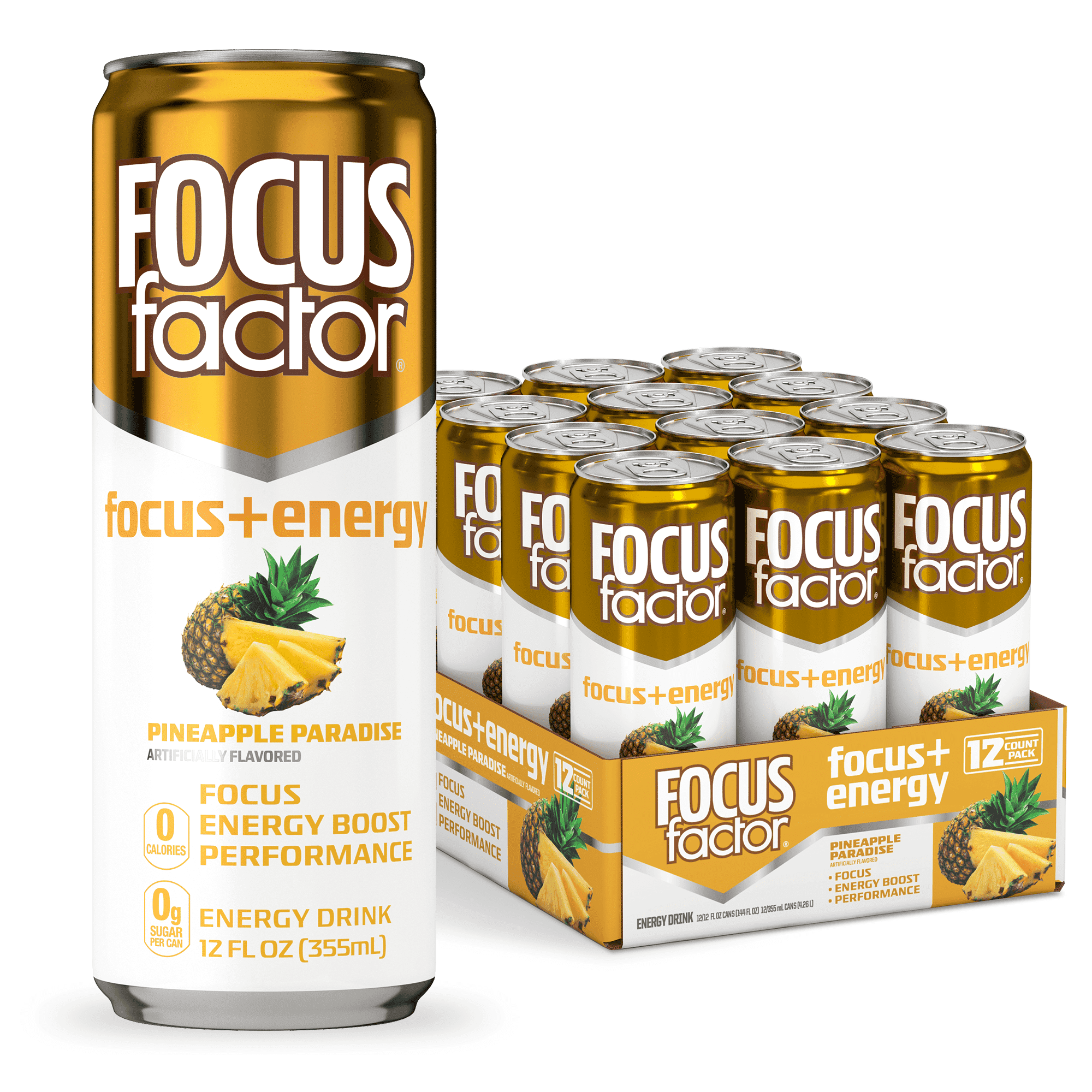 Focus Factor Energy Drink - 12 x 355ml Cans (Pineapple Paradise Flavor) - with Focus + Energy - Sugar Free, Low Calorie with Vitamin B6 & Vitamin B12