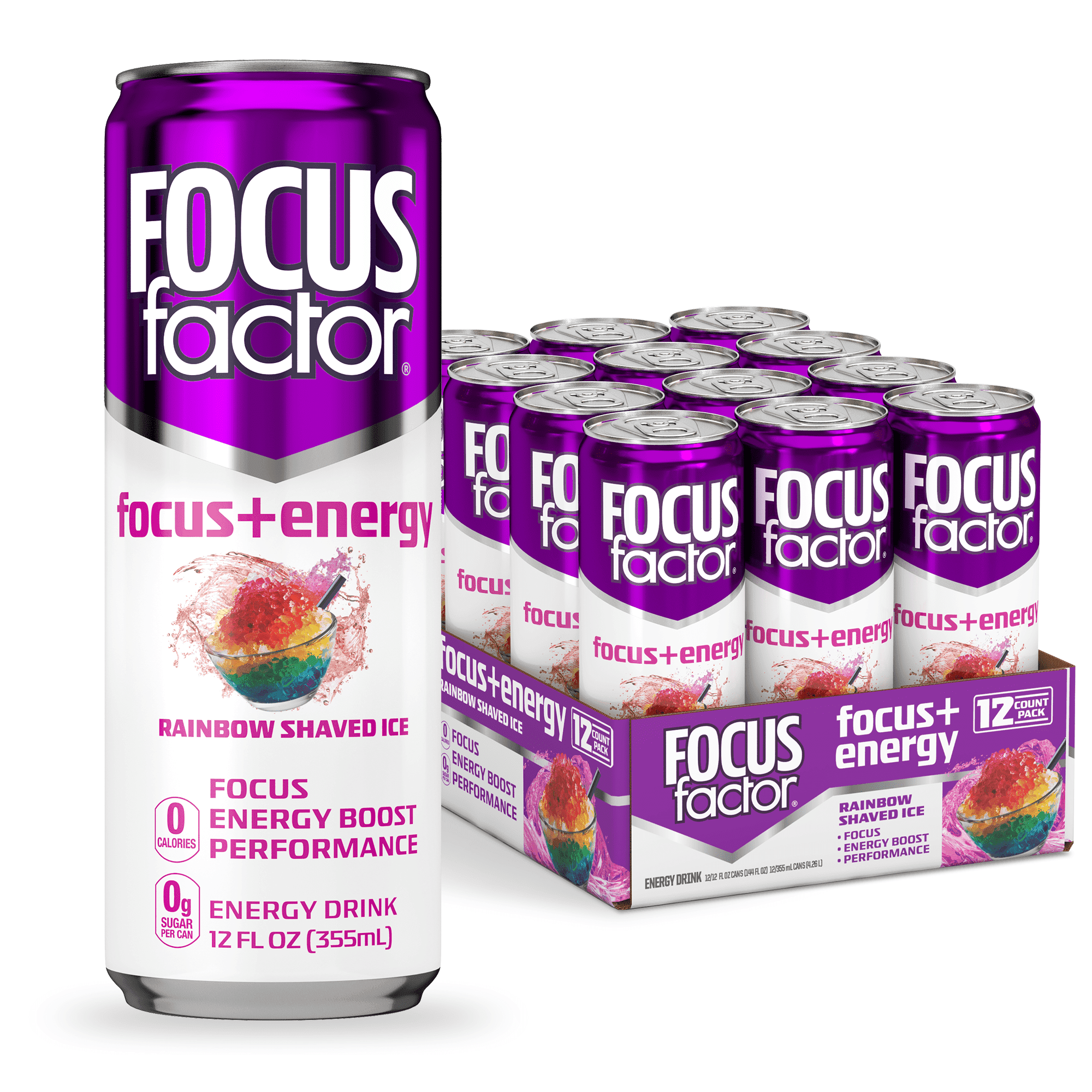 Focus Factor Energy Drink - 12 x 355ml Cans (Rainbow Shaved Ice Flavor) - with Focus + Energy - Sugar Free, Low Calorie with Vitamin B6 & Vitamin B12