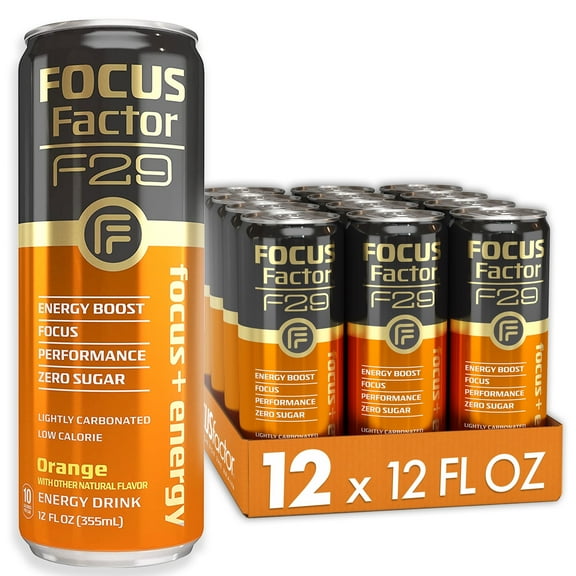 Focus Factor F29 Nootropic Focus + Energy Drink (Orange Flavor)  Sugar Free, Pack of 12  Lightly Carbonated  10 Calories per Serving  Nootropic Beverage