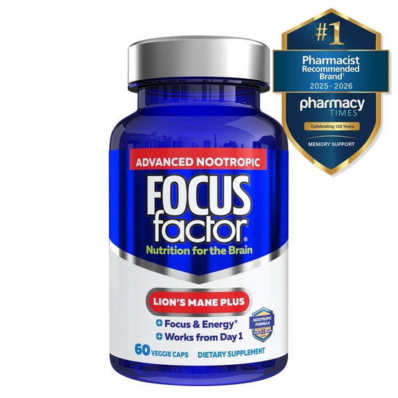Focus Factor Lions Mane Plus (60 Count) - Advanced Nootropic with L-Theanine, Caffeine, Focus and Energy, Supports Concentration and Mental Clarity