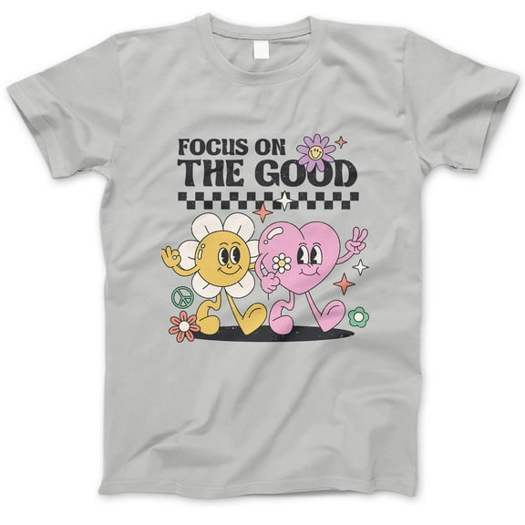 Focus On The Good T-Shirt – Positive Vibes Cartoon Flower & Heart Characters Graphic Tee, Uplifting Retro-Inspired Shirt for Women, Teens, Friends, Mental Health Awareness Gift