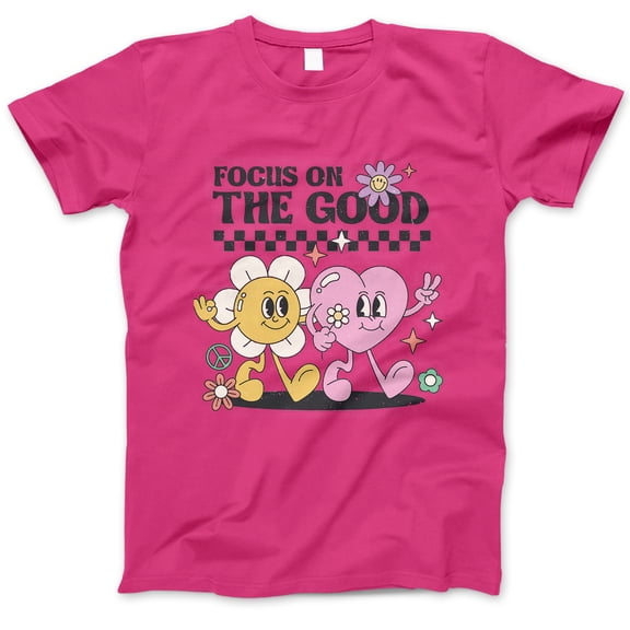 Focus On The Good T-Shirt – Positive Vibes Cartoon Flower & Heart Characters Graphic Tee, Uplifting Retro-Inspired Shirt for Women, Teens, Friends, Mental Health Awareness Gift