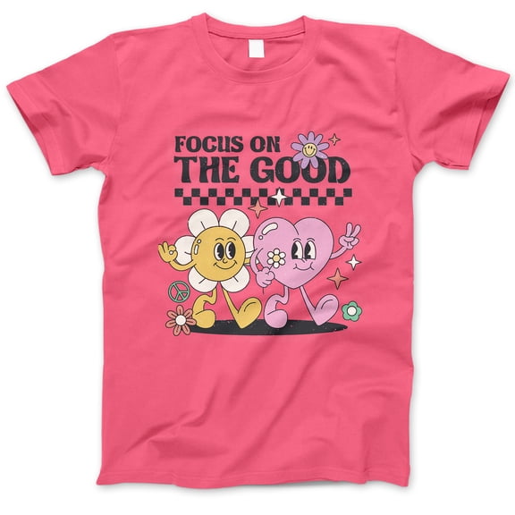 Focus On The Good T-Shirt – Positive Vibes Cartoon Flower & Heart Characters Graphic Tee, Uplifting Retro-Inspired Shirt for Women, Teens, Friends, Mental Health Awareness Gift