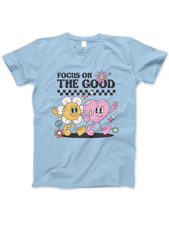 Focus On The Good T-Shirt – Positive Vibes Cartoon Flower & Heart Characters Graphic Tee, Uplifting Retro-Inspired Shirt for Women, Teens, Friends, Mental Health Awareness Gift