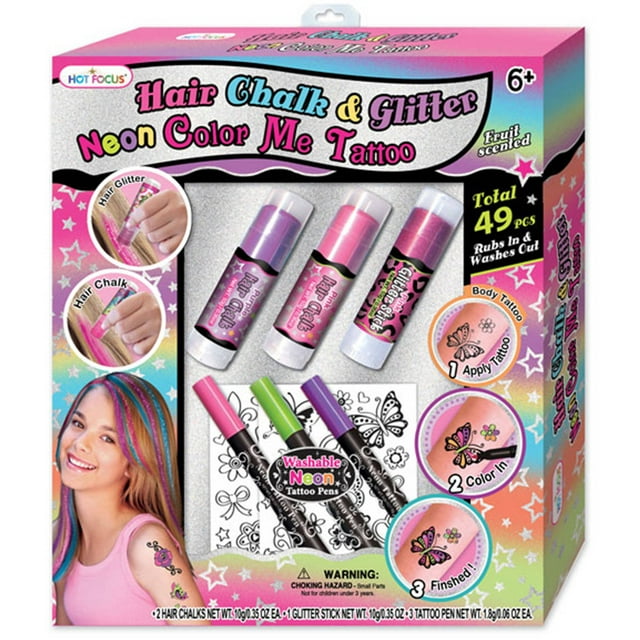 Focus Hair Chalk and Glitter Neon Color Me Tattoo Gift Set - Walmart.com