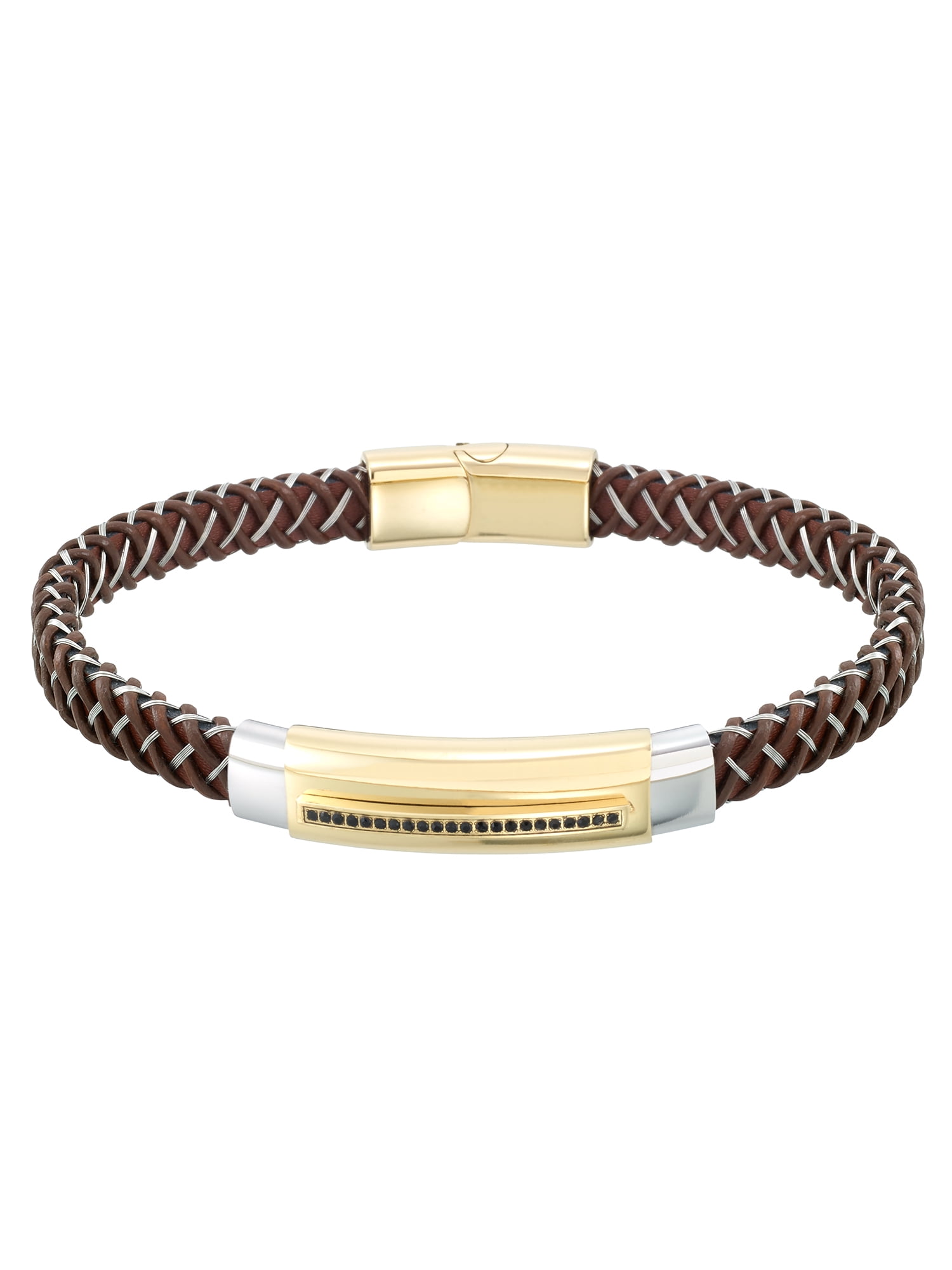 SIMONE I. SMITH FOR WALMART Focus for Men by Simone I. Smith, ID Bracelet with Simulated Black Diamonds in Genuine Brown Leather and Brilliant White Stainless Steel with Gold Tone Ion Plating, 8.5".
