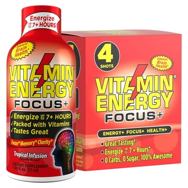 Focus Supplement Vitamin Energy Drink Sugar Crash Free and Keto/Vegan Friendly Shots, Focus, Clarity, and Concentration Boosting, Energize up to 7  Hours, Tropical Infusion 1.93 Fl Oz (Pack of 4)