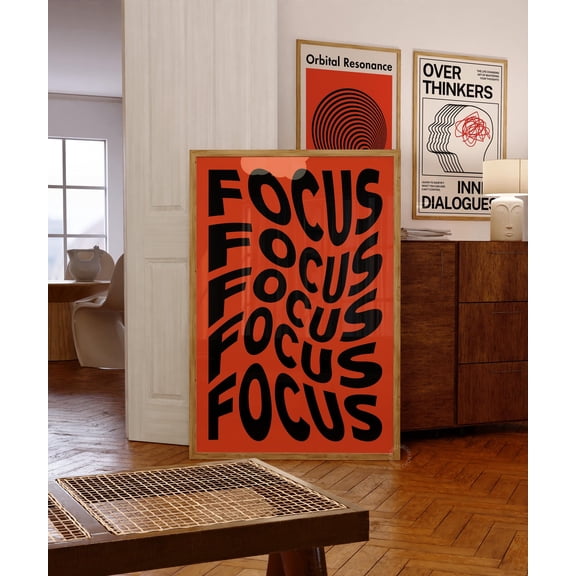 Focus Wavy Typography Poster: Black & Orange Retro Wall Art, Poster Only