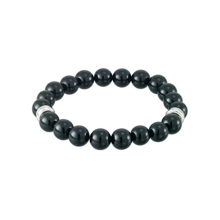 Focus for Men by Focus Men Black Agate Stretch Bracelet in Brilliant White Stainless Steel. 8.5"