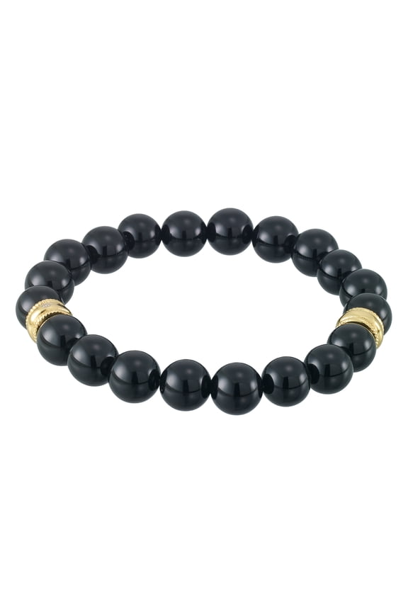 by Focus Men, Black Agate Stretch Bracelet in Stainless Steel with Gold Tone Ion Plating, 8.5"