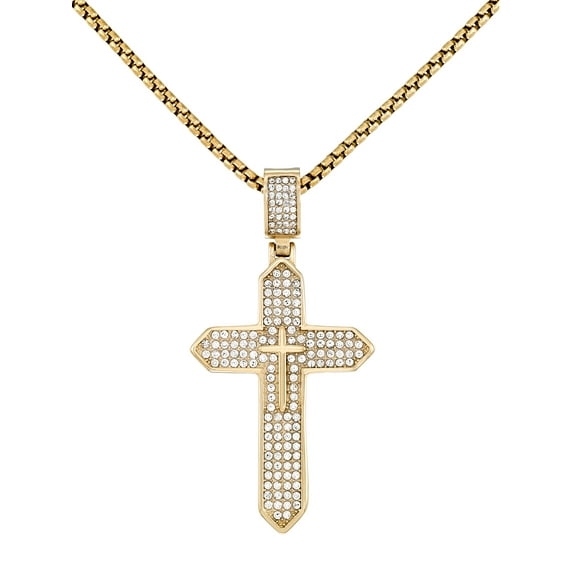 Focus for Men by Simone I. Smith, Bold Cross Pendant with Brilliant Simulated Diamonds in Stainless Steel with Gold Tone Ion Plating, 24" Chain.