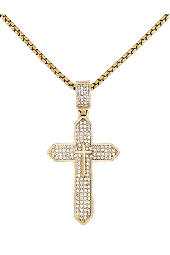 Focus for Men by Simone I. Smith, Bold Cross Pendant with Brilliant Simulated Diamonds in Stainless Steel with Gold Tone Ion Plating, 24" Chain.