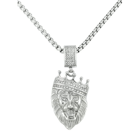 Focus for Men by Simone I. Smith, Crowned Lion Pendant with Brilliant Simulated Diamonds in Stainless Steel, 24" Chain