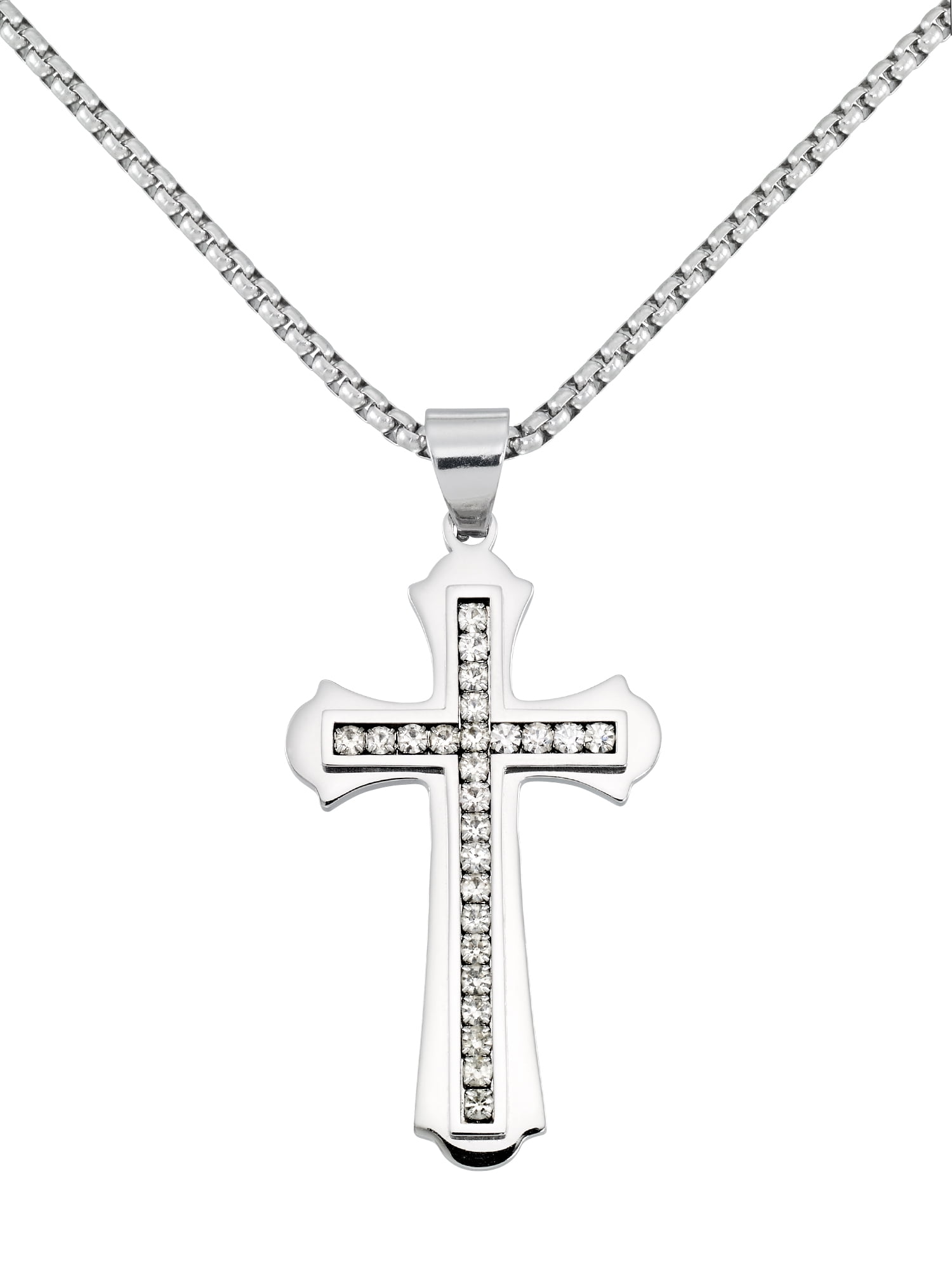 SIMONE I. SMITH FOR WALMART Focus for Men by Simone I. Smith Large Cross Pendant with Simulated Diamonds in Brilliant White Stainless Steel, 24" Chain.