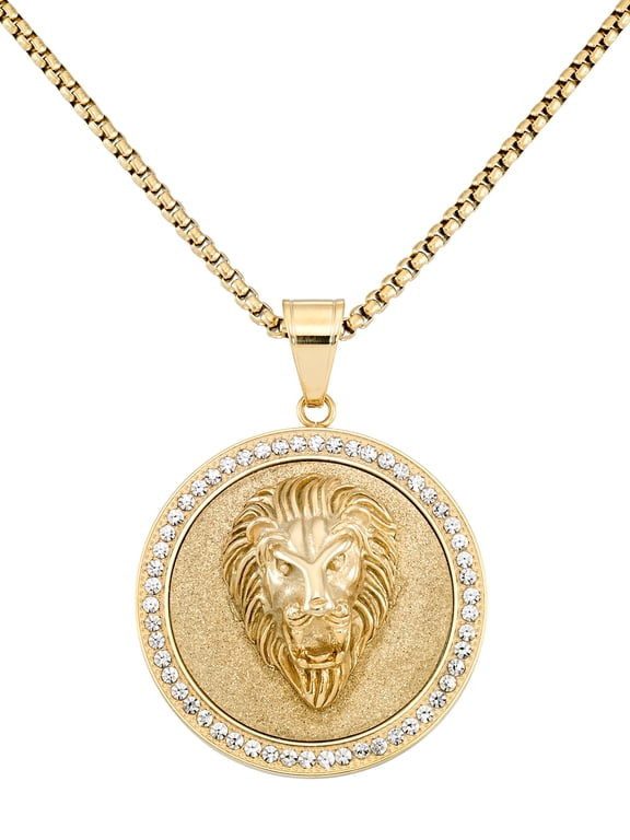 Focus for Men by Simone I. Smith, Lion Medalion with Brilliant Simulated Diamonds in Stainless Steel with Gold Tone Ion Plating, 24" Chain.