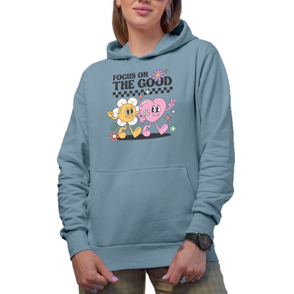 Focus on the Good, Retro Heart & Flowers Art Merch Gift, Light Blue Hooded Sweatshirt or Hoodie, XL