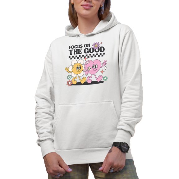 Focus on the Good, Retro Heart & Flowers Art Merch Gift, White Hooded Sweatshirt or Hoodie, Small