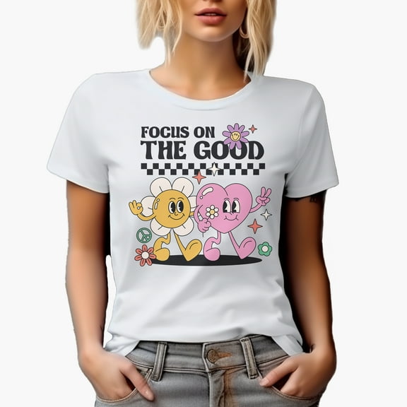 Focus on the Good, Retro Heart & Flowers Art Merch Gift, White T-Shirt, Small